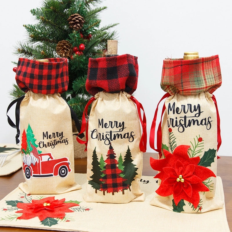 Christmas Wine Bottle Cover Linen Plaid Bag Holiday Home Decor Festive Family Atmosphere | Home Decorations