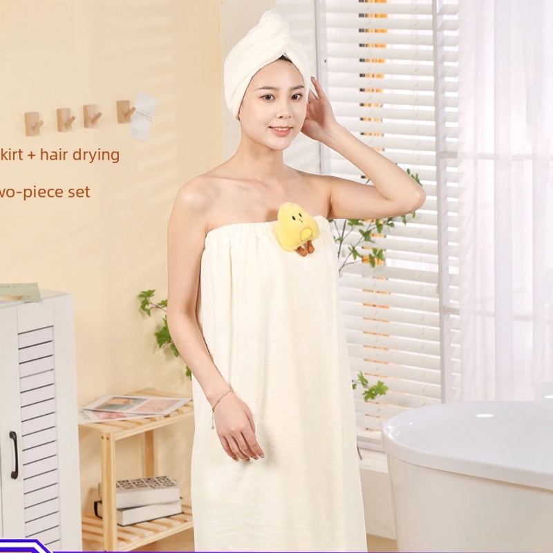 Cartoon Doll Coral Fleece Bathrobe and Dry Hair Hat Two-Piece Set for Women | Bath & Spa Accessories