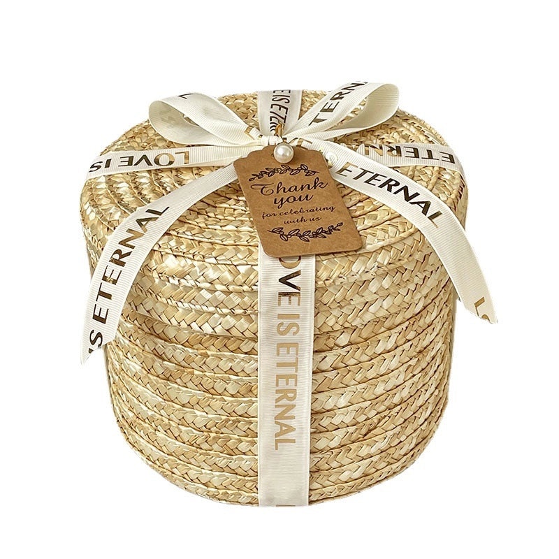 Handmade Round Straw Box with Lid | Rattan Gift Box for Wedding, Storage, Baking | Woven Hug Bucket | Home Decor Accessories|Storage Containers