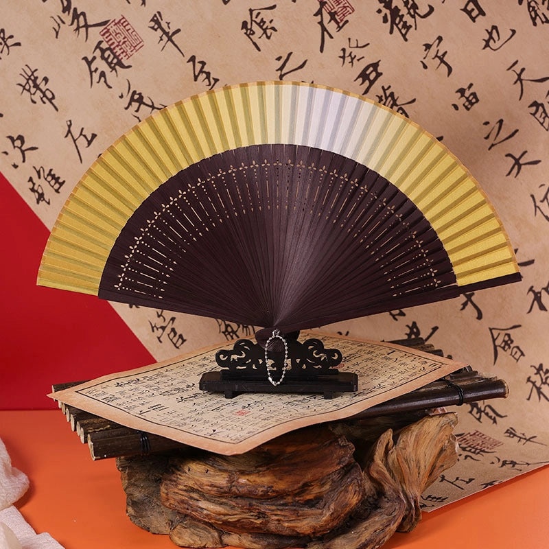 Ancient Style Summer Folding Fan Gradient Yellow Bamboo Silk Cloth Chinese Fan for Men and Women|Accessories & Jewelry