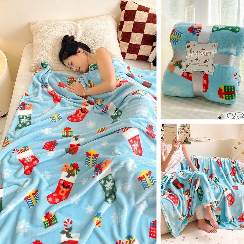 Cozy Cartoon Christmas Tree & Snowflake Polyester Throw Blanket for Couch Sofa Decor | Home & Living