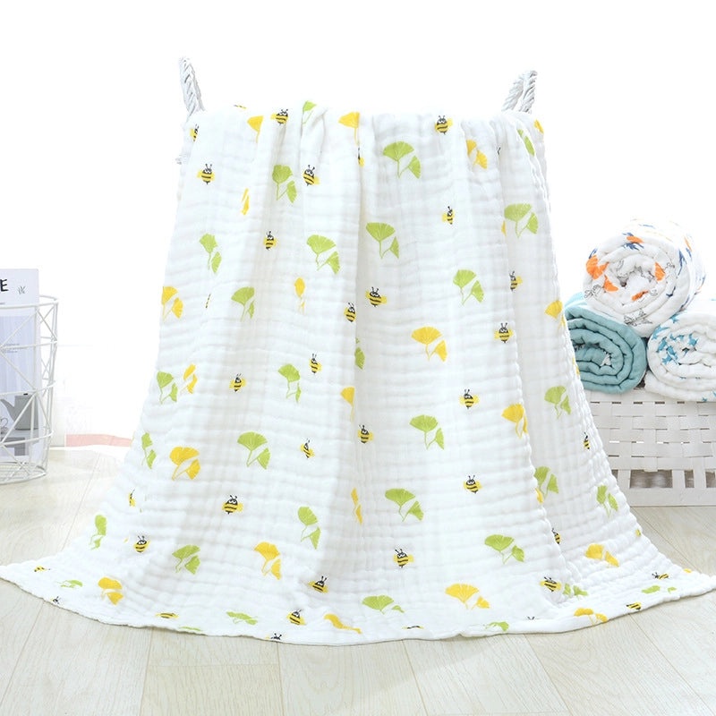 Children's Six-Layer Cotton Gauze Quilt Cartoon Printed Baby Bath Towel Soft Pleated Cover Blanket | Baby Bedding & Bath Essentials
