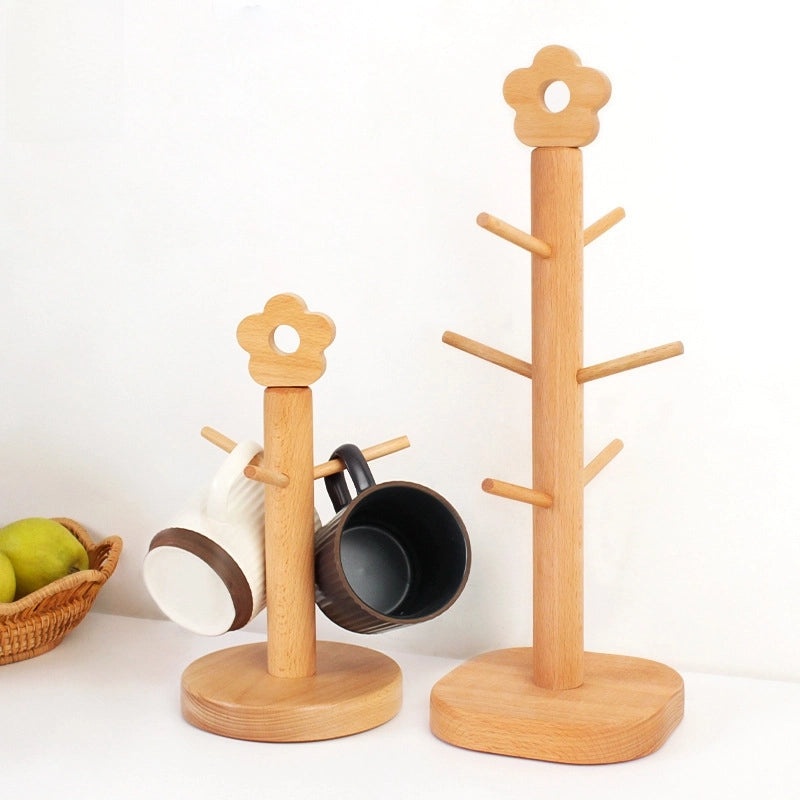 Japanese Beech Wood Mug Holder with Flower Tree Design, Upside Down Draining Rack and Jewelry Storage | Kitchen & Home Organization
