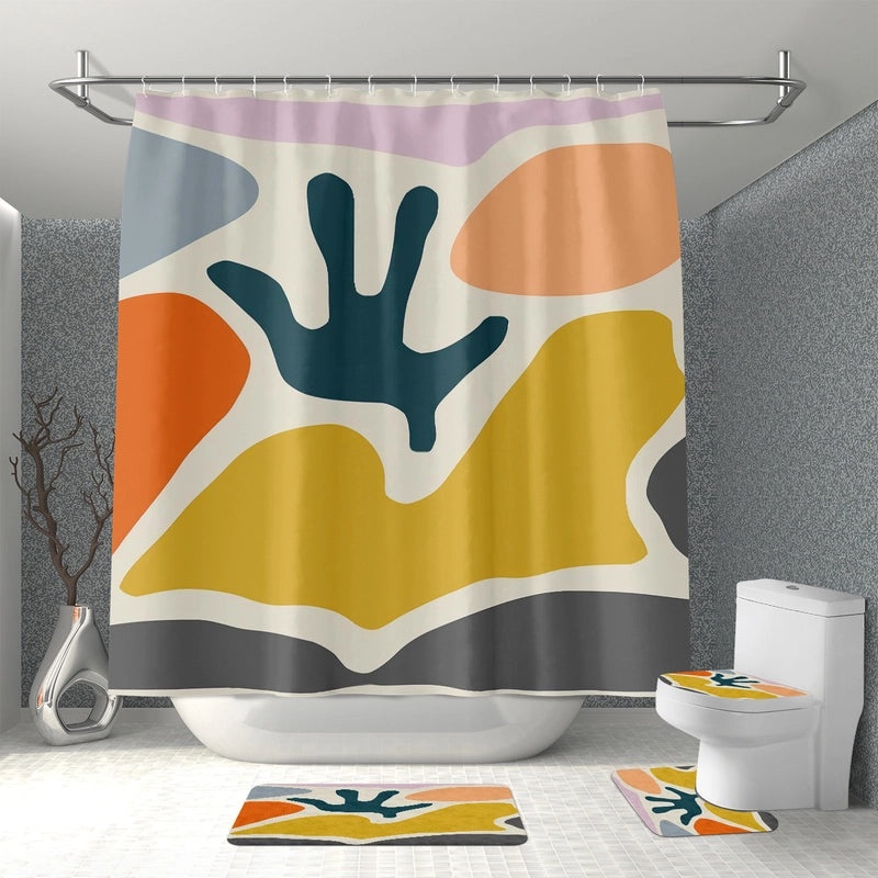 Minimalist Color Block Polyester Shower Curtain with Plant Design|Home Decor & Bath Accessories