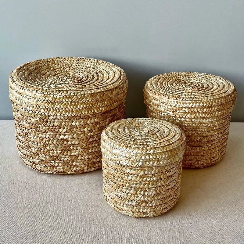 Handmade Round Straw Box with Lid | Rattan Gift Box for Wedding, Storage, Baking | Woven Hug Bucket | Home Decor Accessories|Storage Containers