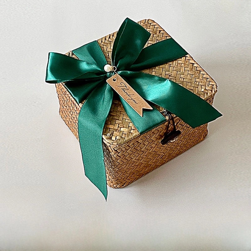Handmade Blue Straw Rattan Woven Box with Lid Birthday & Wedding Gift Basket|Home Decor & Gift Packaging