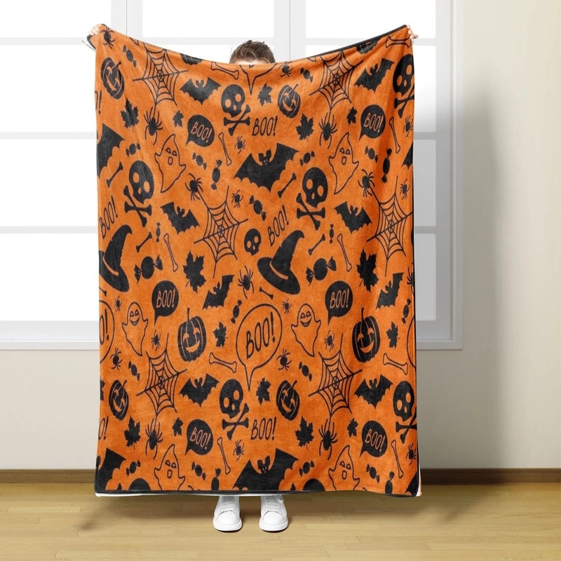 Halloween Cozy Pumpkin Cat Skull Polyester Throw Blanket | Home Decor & Throws