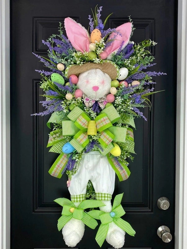 Cartoon Easter Bunny Decorative Wreath Hanging Ornament with Artificial Plants|Home Decor & Seasonal Decorations