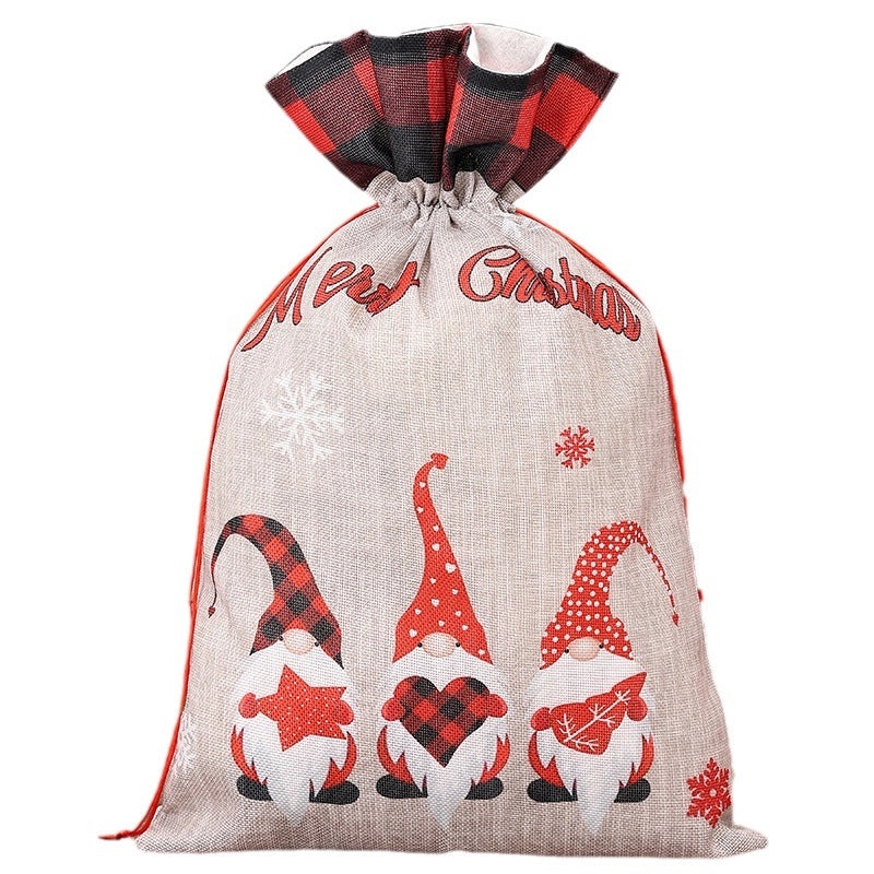 Christmas Plaid Linen Gift Bag with Cartoon Forest Print | Gift Bags & Storage