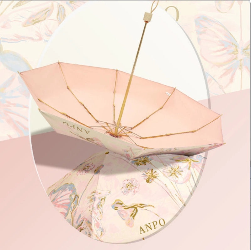 Vintage Cherry Print Folding Umbrella 60% UV Protection Dual-use Sun and Rain Shield|Sun Protection Umbrellas