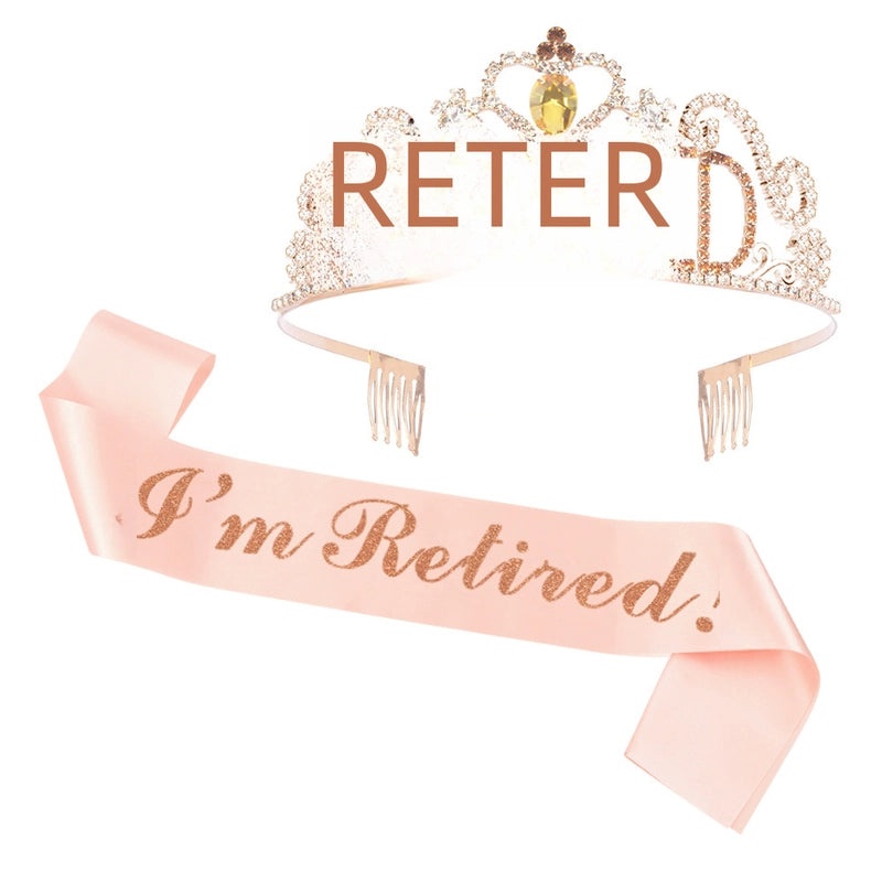 Retirement Party Hair Band and Shoulder Strap Set Pink I'm Retired Etiquette Belt with Retirement Crown|Party Accessories