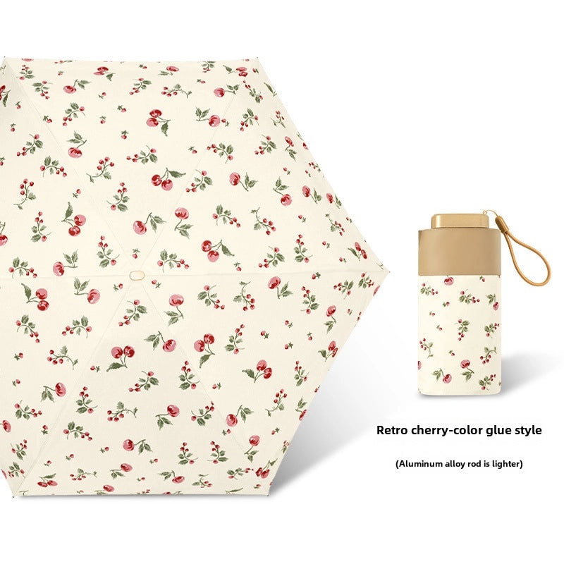 Vintage Cherry Print Folding Umbrella 60% UV Protection Dual-use Sun and Rain Shield|Sun Protection Umbrellas