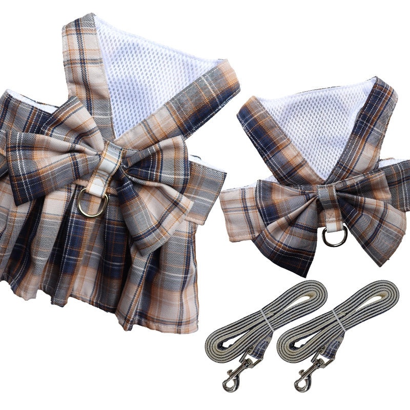 Plaid JK Skirt Pet Leash with Chest Strap Dog Cat Walking Harness and Teddy Hair Accessories|Pet Supplies