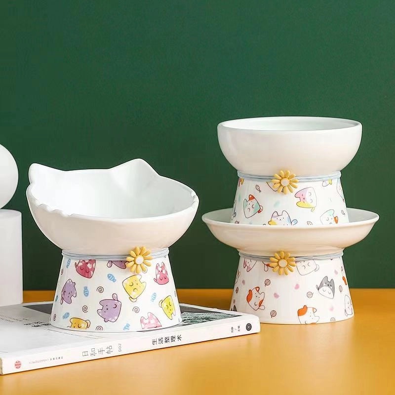 Ceramic Cat and Dog Food Bowl Anti-Tip Elevated Design Inclined Mouth Cute Cat Shape Drinking Basin|Pet Supplies Bowls