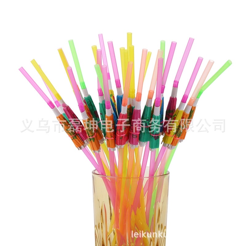 3 Pieces Fluorescent Hawaiian Straw Party Umbrellas with Curved Disposable Plastic Straws|Party Supplies