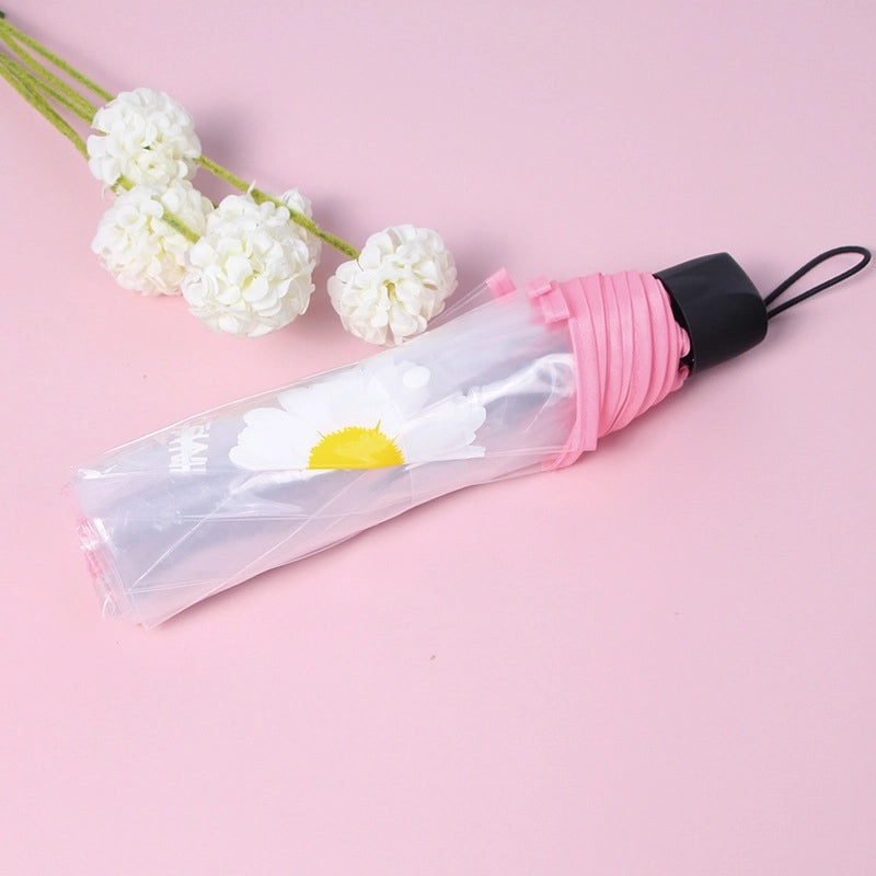 Small Daisy Automatic Folding Umbrella White Transparent Japanese Student Rain Sun Umbrella | Umbrellas & Rain Gear