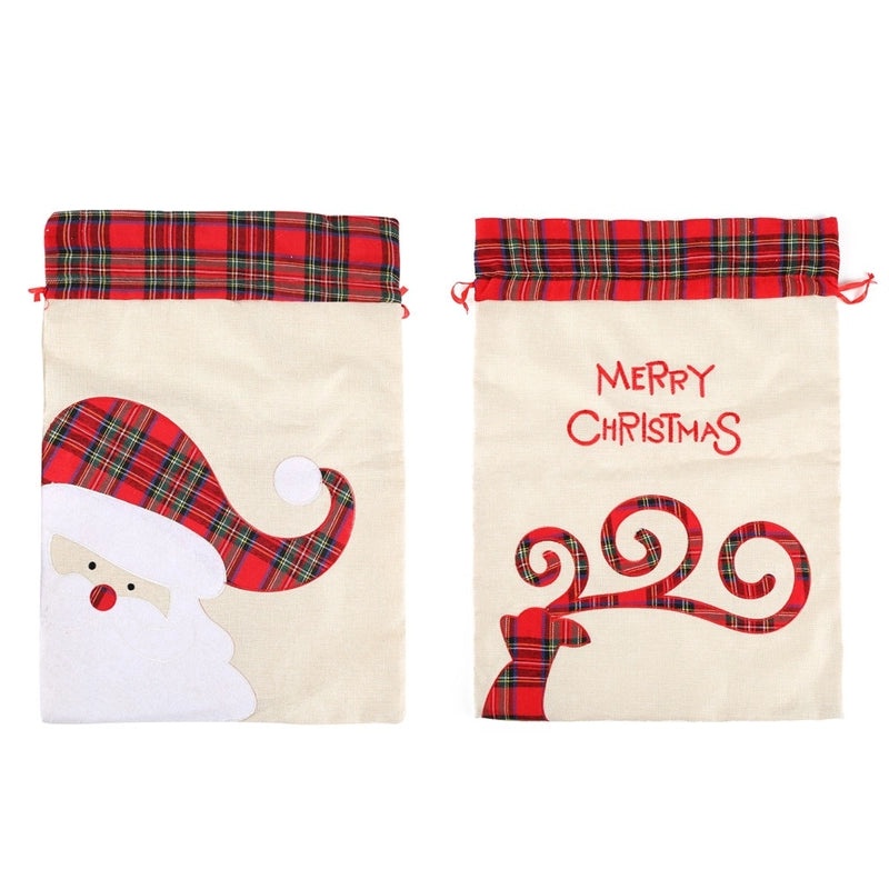 Linen Elk Christmas Drawstring Gift Bag Tote with Pocket | Christmas Gift Bags