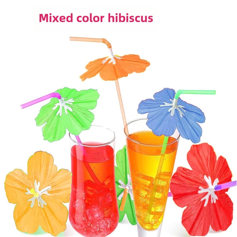 3 Pieces Fluorescent Hawaiian Straw Party Umbrellas with Curved Disposable Plastic Straws|Party Supplies
