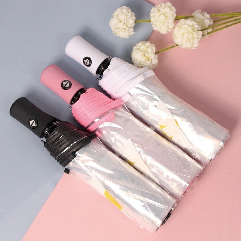 Small Daisy Automatic Folding Umbrella White Transparent Japanese Student Rain Sun Umbrella | Umbrellas & Rain Gear