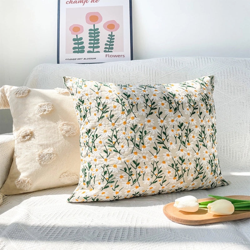 Light Luxury Embroidered Daisy Floral Pillow Case Detachable Washable Square Cushion for Home and Bay Window|Home Decor Pillows