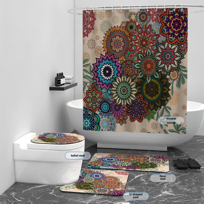 Digital Printed Geometric Round Waterproof Polyester Bathroom Shower Curtain Set of 4 | Home & Bathroom Accessories