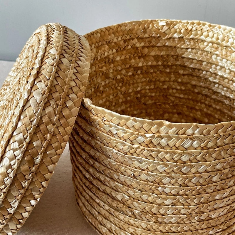 Handmade Round Straw Box with Lid | Rattan Gift Box for Wedding, Storage, Baking | Woven Hug Bucket | Home Decor Accessories|Storage Containers