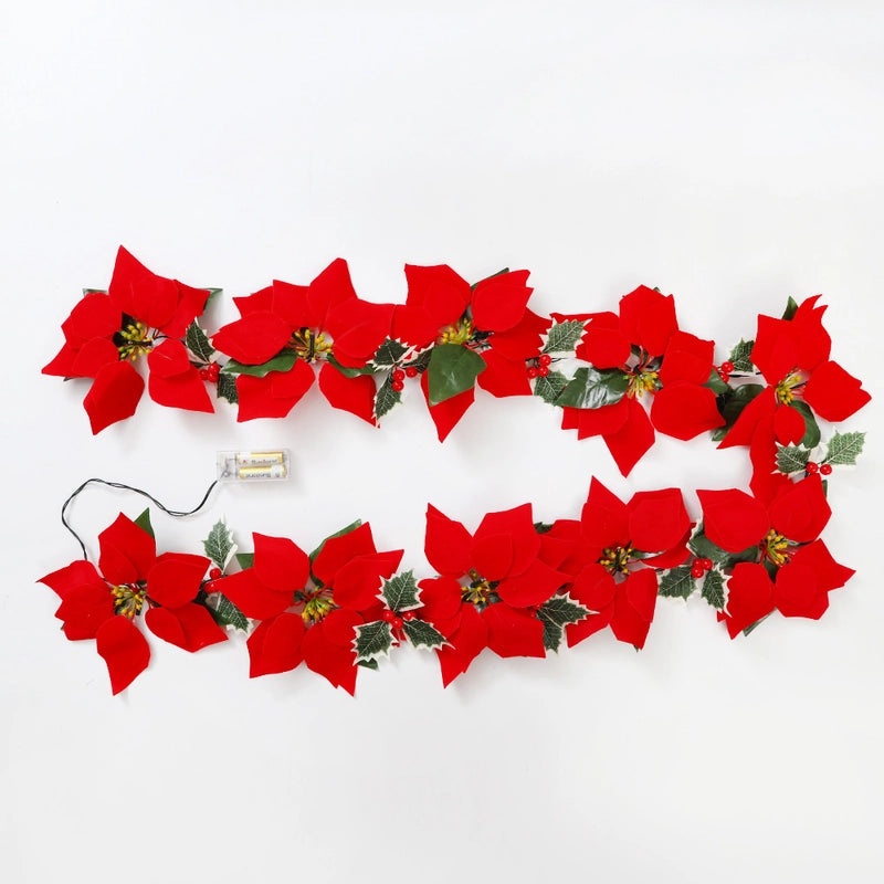 LED Poinsettia Light String with Red Fruit for Christmas Door Frame and Escalator Decoration|Holiday Lighting & Decor