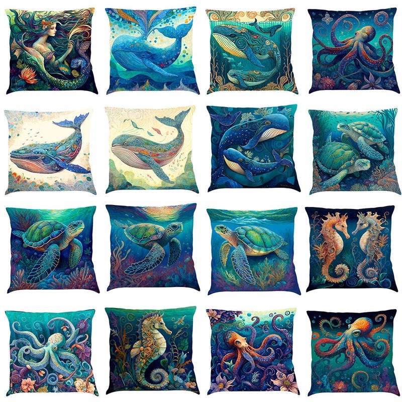 Ocean Series Cotton Linen Car Pillowcase with Creative Print for Car Interior|Home & Living > Home Decor > Pillows & Cushion Covers