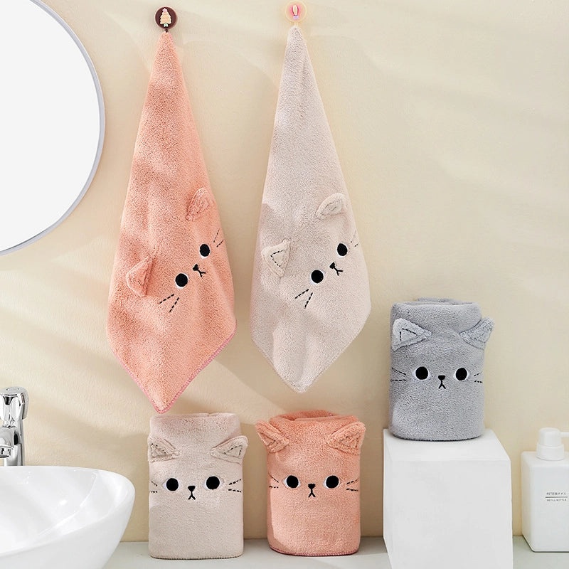 Cute Coral Velvet Cartoon Cat Hair Drying Towel Soft Absorbent Face Towel for Couples | Bath & Beauty Accessories
