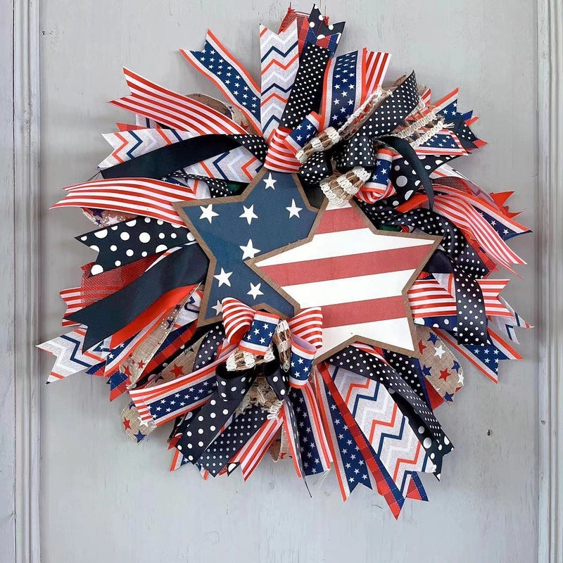 Patriotic Flower and Grass Garland with Stars and Flags | Home Decor & Festive Decorations