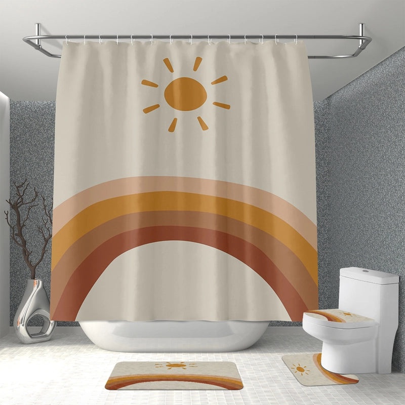 Minimalist Color Block Polyester Shower Curtain with Plant Design|Home Decor & Bath Accessories