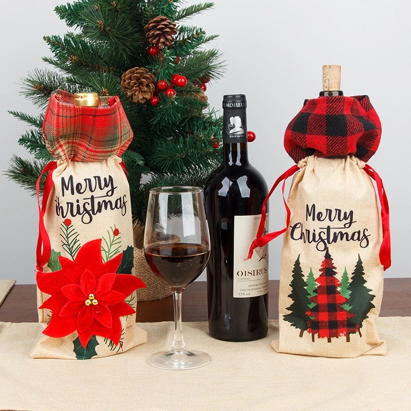 Christmas Wine Bottle Cover Linen Plaid Bag Holiday Home Decor Festive Family Atmosphere | Home Decorations