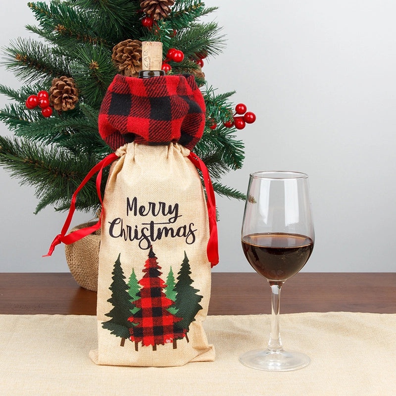 Christmas Wine Bottle Cover Linen Plaid Bag Holiday Home Decor Festive Family Atmosphere | Home Decorations