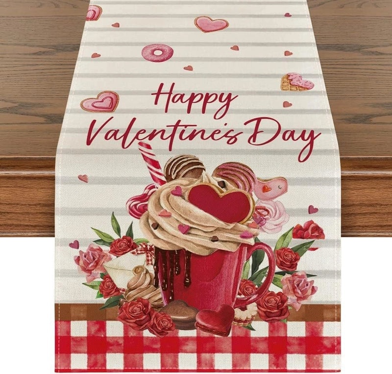 Romantic Heart Shape Rose Linen Table Runner for Valentine’s Day | Home Decor/Table Linens