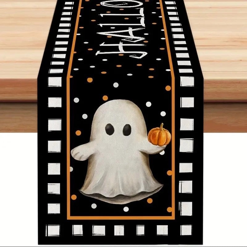 Halloween Linen Table Runner with Minimalist Pumpkin and Letter Ghost Design|Home Decor Table Linens