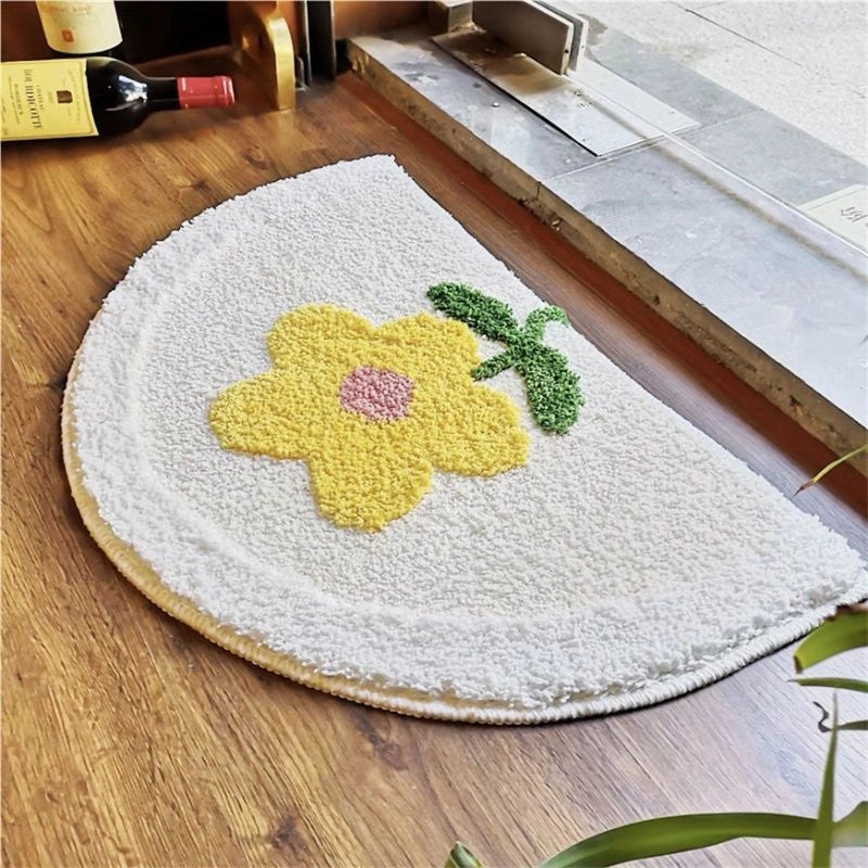 Floral Non-slip Semicircle Bathroom Floor Mat Absorbent Stain-resistant Cashmere Carpet|Home & Living