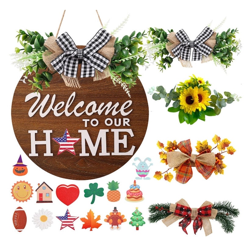 Seasonal Wooden Door Pendant with Replaceable Flower Decorations for Christmas Welcome Decor|Home & Garden Decorations