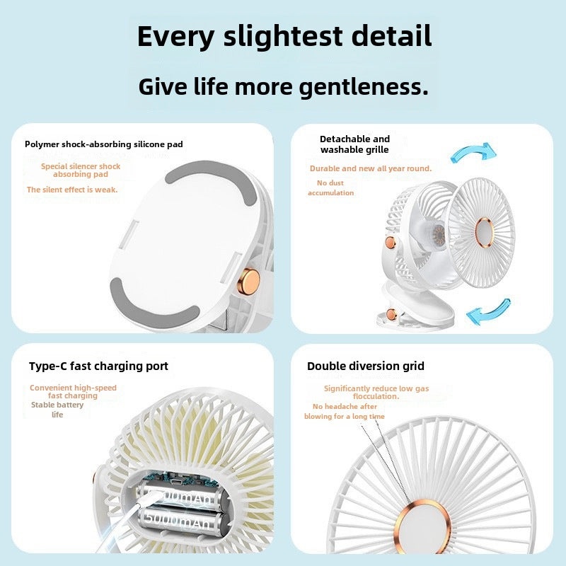 USB Rechargeable Mini Clip Fan Portable Silent Night Light Fan for Dormitory Students|Home & Living > Fans & Cooling