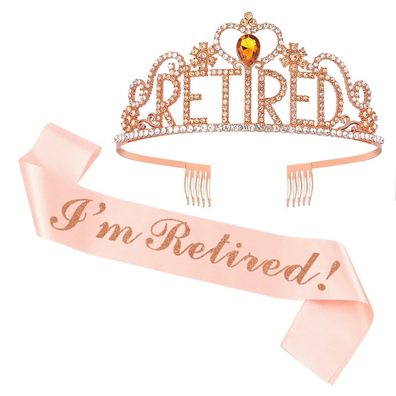 Retirement Party Hair Band and Shoulder Strap Set Pink I'm Retired Etiquette Belt with Retirement Crown|Party Accessories