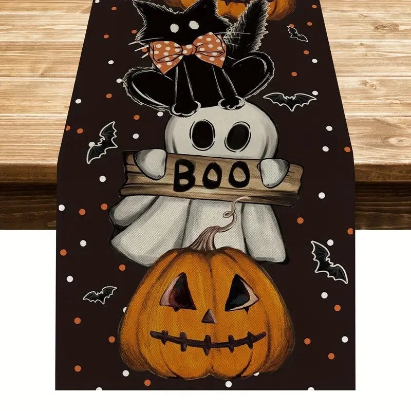 Halloween Linen Table Runner with Minimalist Pumpkin and Letter Ghost Design|Home Decor Table Linens