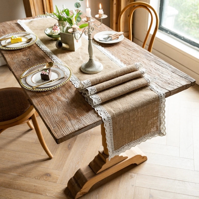 Rustic Jute Table Runner with Lace Tassels for Wedding Party Decoration|Home Decor Table Linens