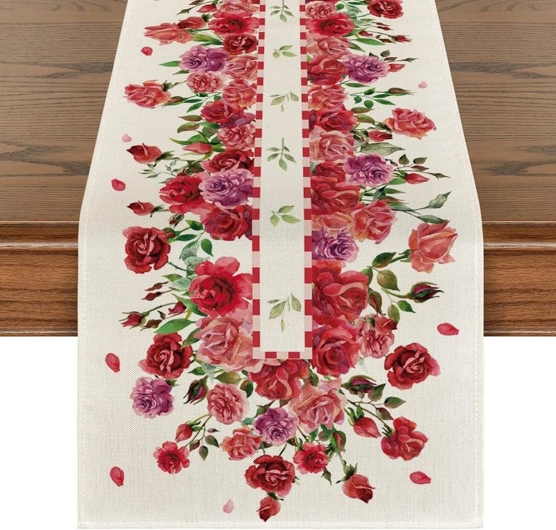 Romantic Heart Shape Rose Linen Table Runner for Valentine’s Day | Home Decor/Table Linens
