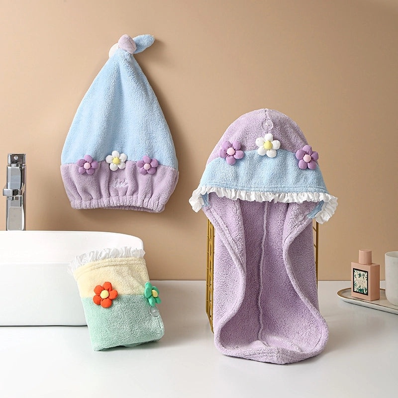 Color Block Floral Coral Fleece Hair Drying Cap Soft Absorbent Bath Towel | Bath Accessories