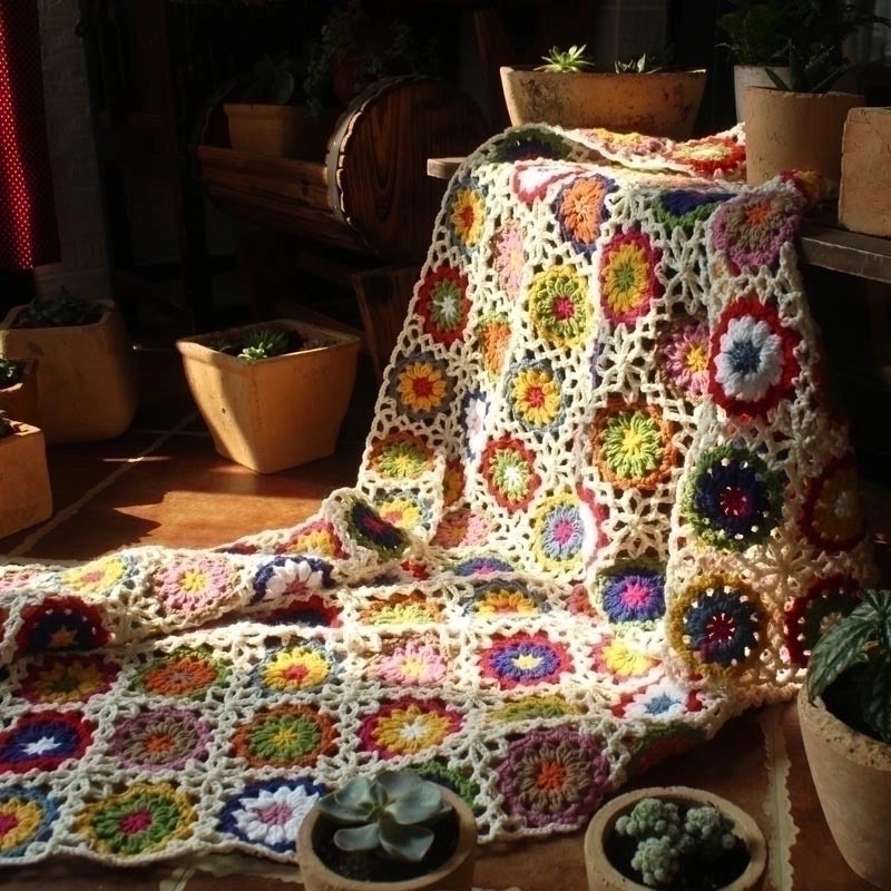 Colorful Floral Yarn Blanket for Cozy Home Decor|Home Textiles & Blankets