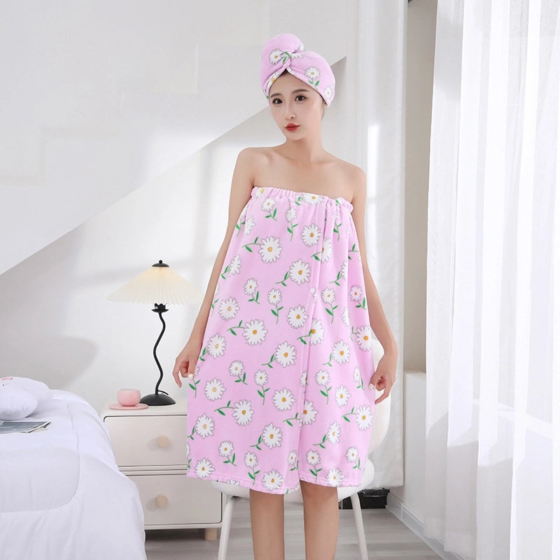 Cute Daisy Print Shower Cap Soft Polyester Cotton Bathrobe and Towels Set|Bath & Body Accessories