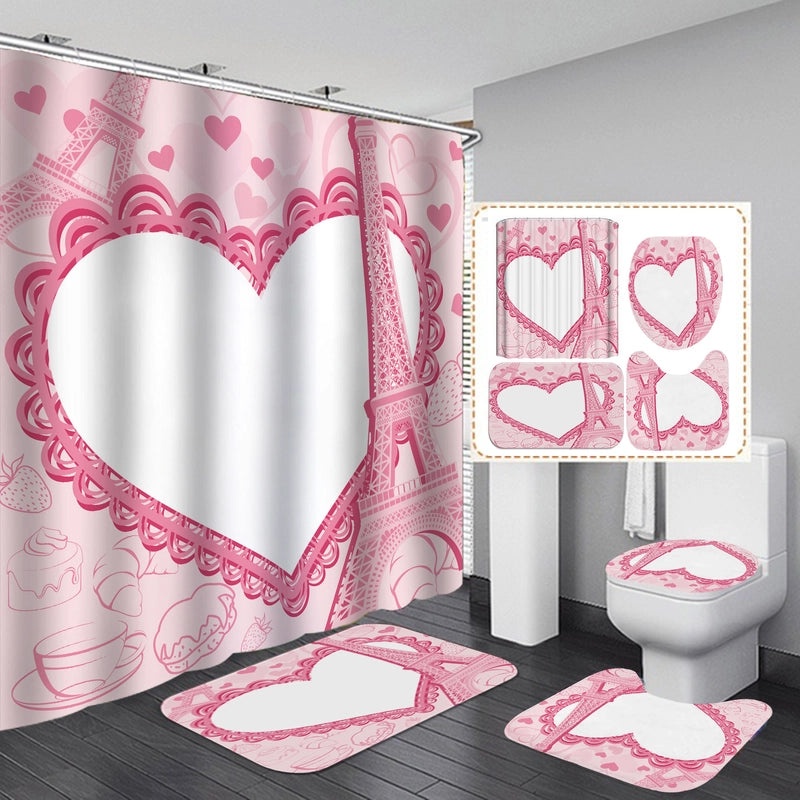 Romantic Eiffel Tower Heart Shower Curtain for Bathroom Polyester Valentine’s Day Decor | Bath & Shower Accessories