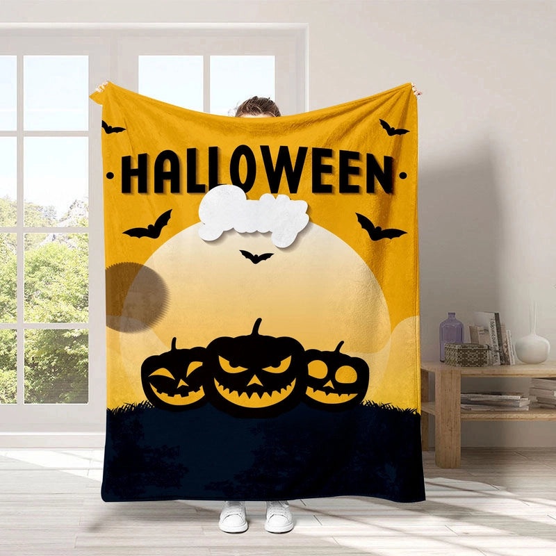 Halloween Pumpkin Bat Blanket Cozy Polyester Throw for Couch Sofa Decor | Home Decor & Seasonal Accessories