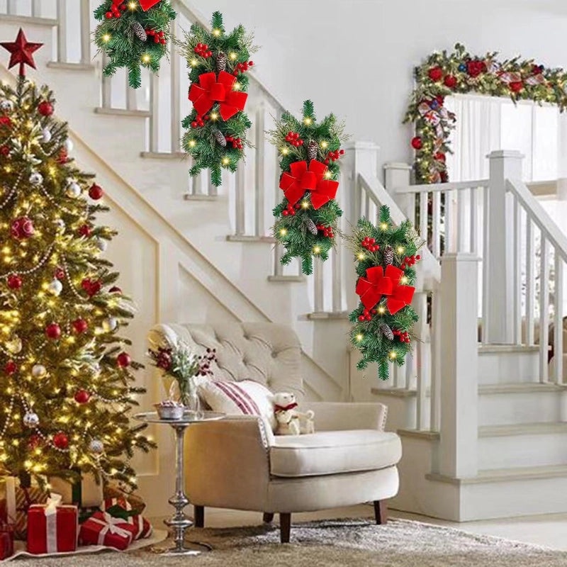Christmas Red Rattan Bow Garland with LED Pine Cones for Staircase Decoration | Holiday Decorations