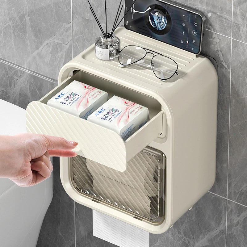 Multifunctional Wall-Mounted Tissue Holder for Bathroom, Punch-Free Toilet Paper Storage Box | Home & Living Accessories