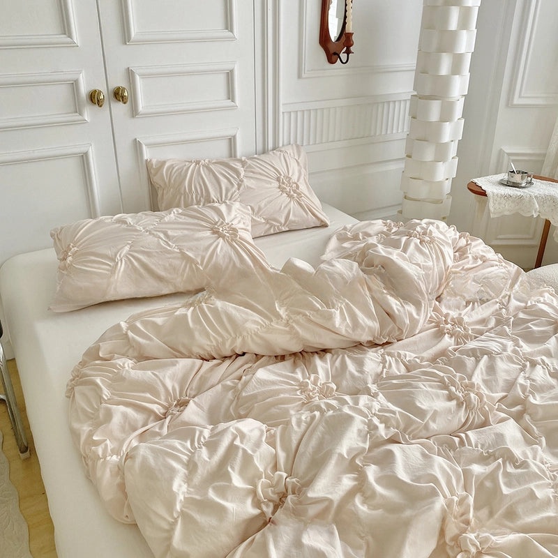 Vintage Style 3D Quilted Bedding Set with Pillowcases Plain Pulled Flower Design|Home Textiles & Bedding